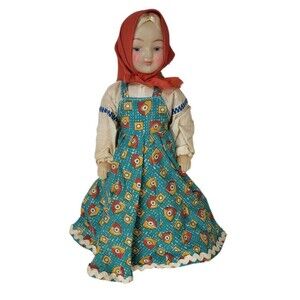 VTG 60s USSR Soviet Union Hard Plastic Russian Doll Folk Clothing 11.5" w/ Tag